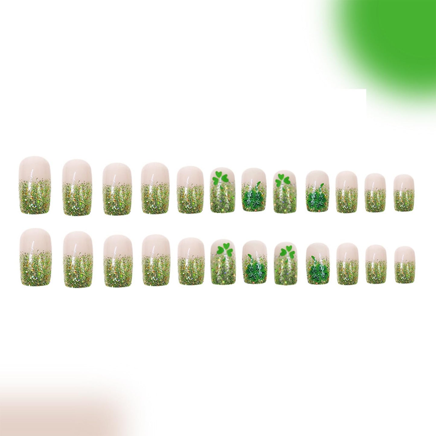 24 Pcs St. Patrick's Day French Tips Press on Nails Green Gradient Fake Nails Medium Square False Nails with Shamrock Designs Green Glitter Acrylic Nails Patrick’s Day for Women