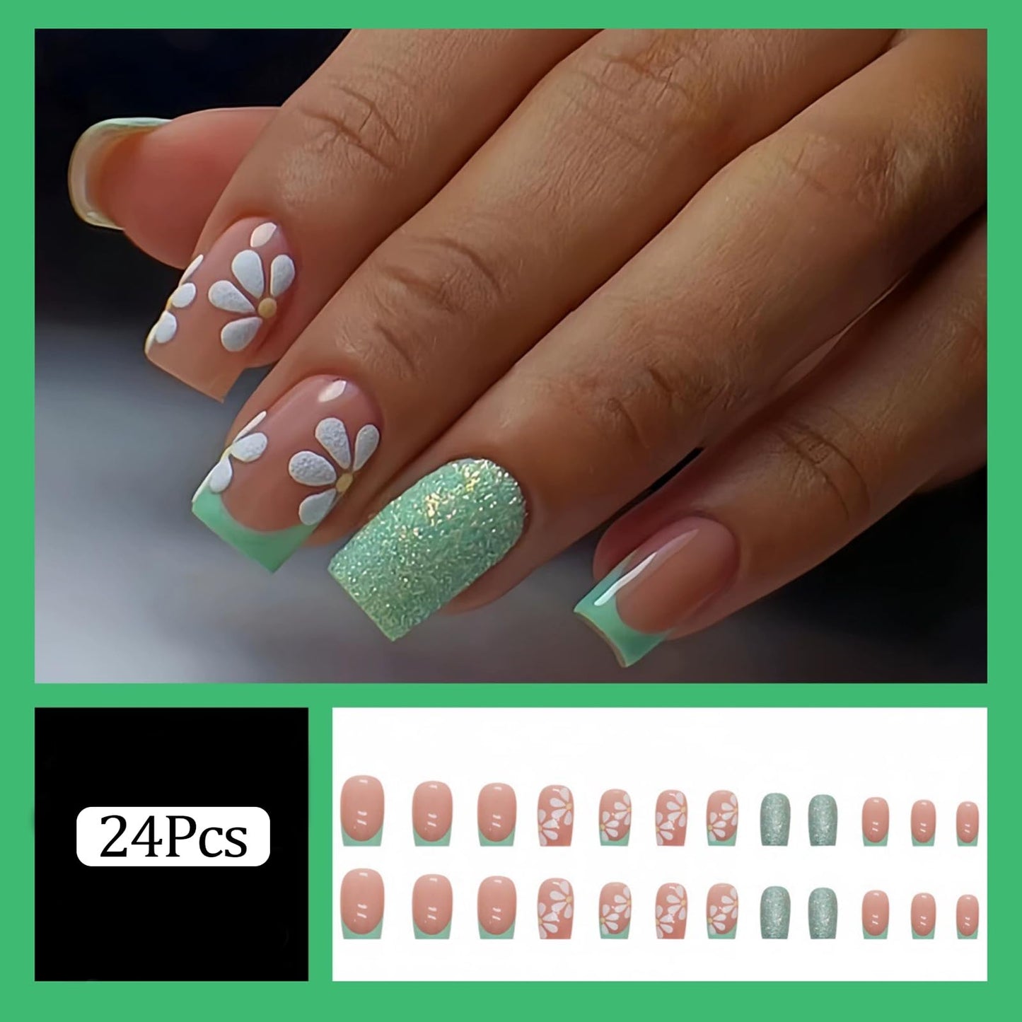 RUPOFUZA Green French Press on Nails Square Short Glitter Green Fake False Nails with Floral Full Cover Stick on Nail Acrylic Artificial Short Glue on Nail for Women 24Pcs