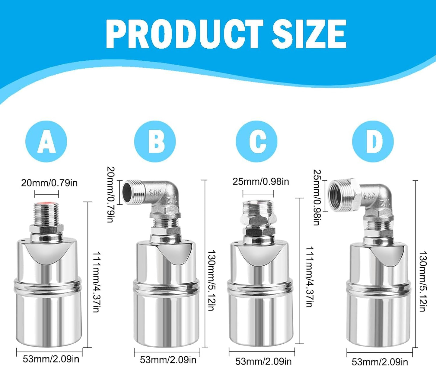 Auto Water Level Control Float Valve 1/2" 3/4" - 304 Stainless Steel, No Pump Needed for Water Tanks, Fish Ponds, Livestock Troughs, Hydroponics, Pool(1 Pack Long)