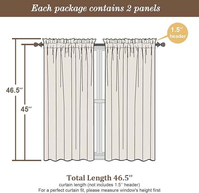 Chyhomenyc Gold Sheer Curtains 45 Inch Long 2 Panels, Short Voile Drapes for Dinning Small Windows Bathroom Living Room Bedroom, Rod Pocket, 42Wx45L Inches