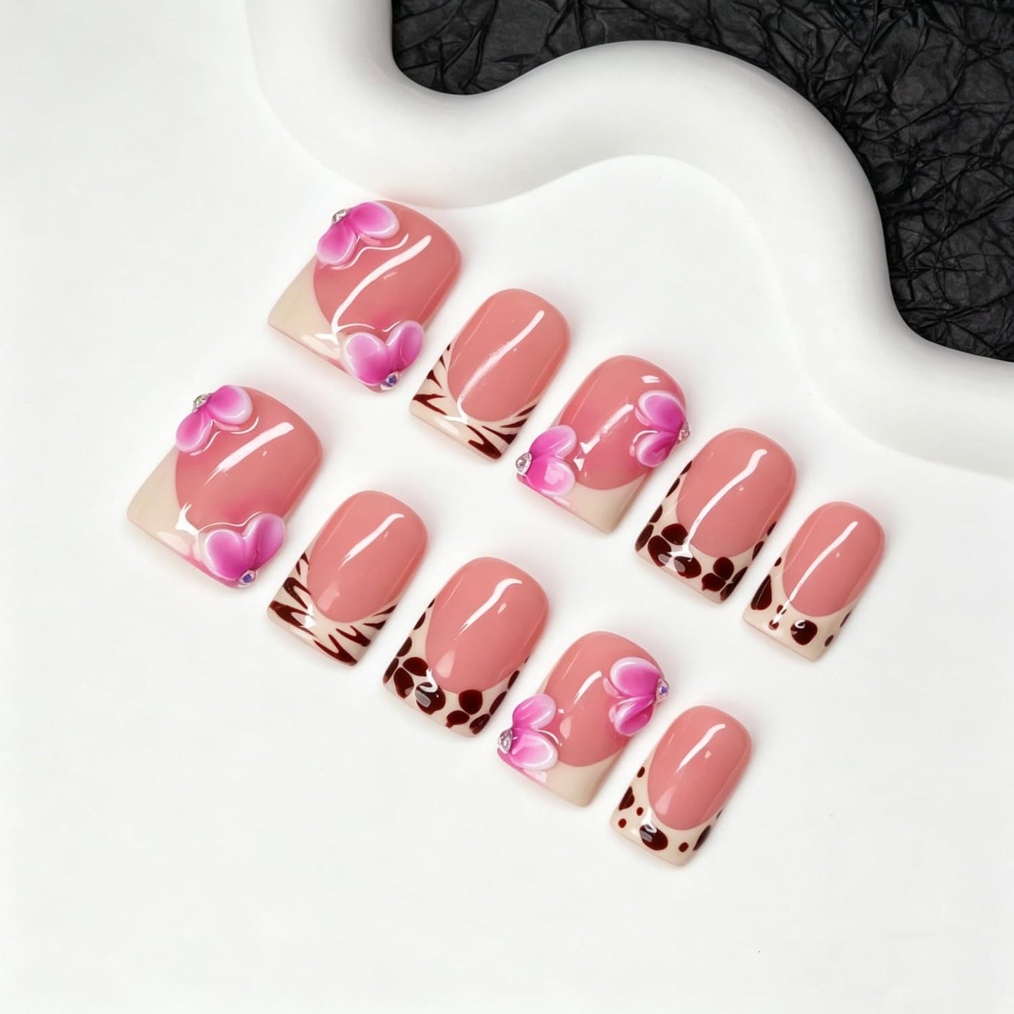 Luxury Handmade Press on Nails Pink White Gradient 3D Flower Fake Nails Stylish Short Square with Classic Leopard French Tip False Nail Thick Muti-Layer Gel Acrylic Stick on Nails for Women (S)