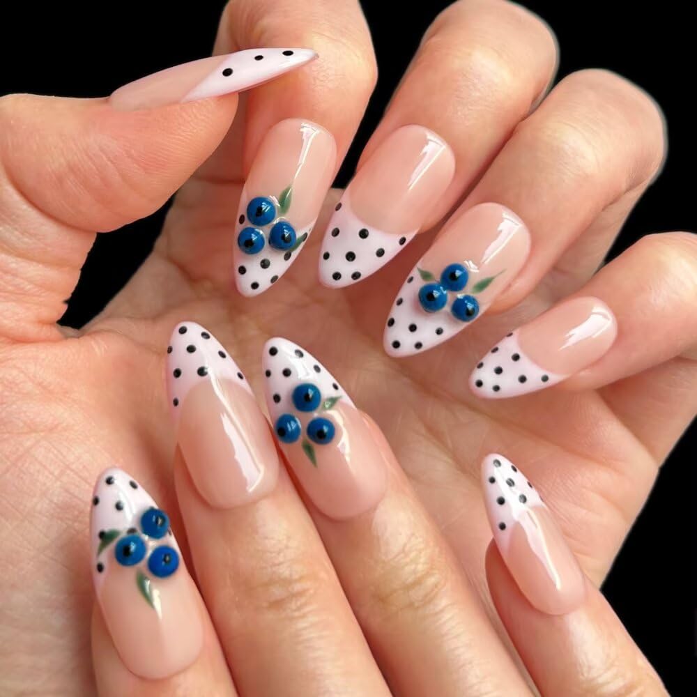Handmade Press On Nails - MAGLFELL Spring & Summer Nails Almond False Nails, 3D Carving Blueberry and French Design, 10Pcs Reusable Acrylic Fingernail Salon Artificial Nails Kit (Size L)