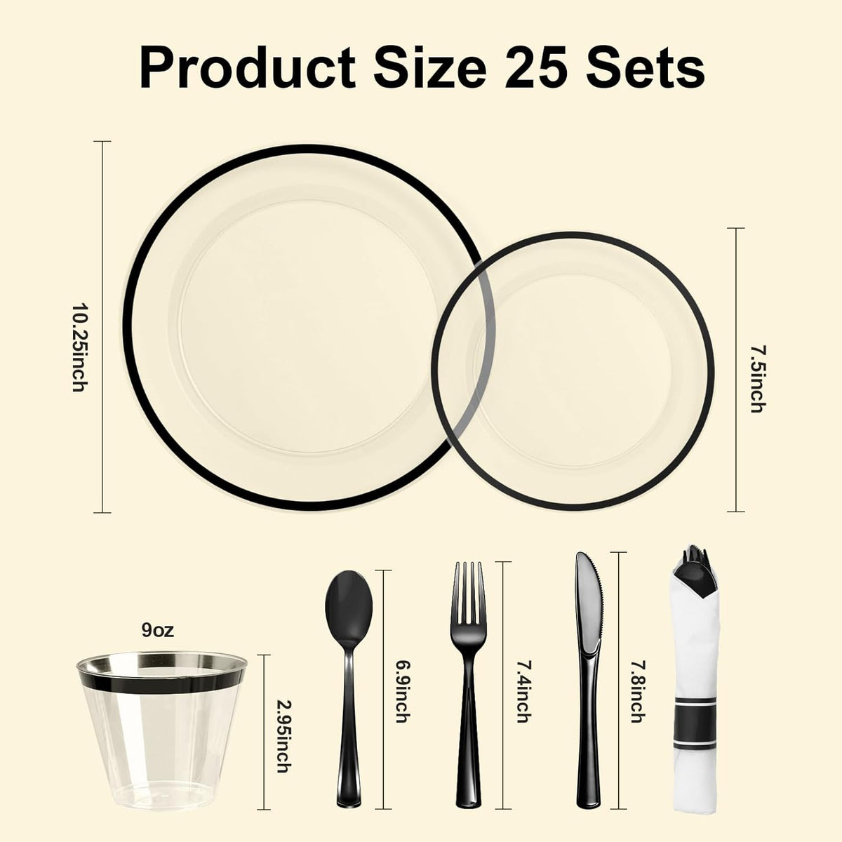 175PCS Clear and Black Disposable Plates Set for 25 Guests, 50 Plastic Plates, 25 Cups, 25 Pre-Rolled Napkins with Plastic Cutlery for Party, Birthday, Wedding, Thanksgiving, Christmas