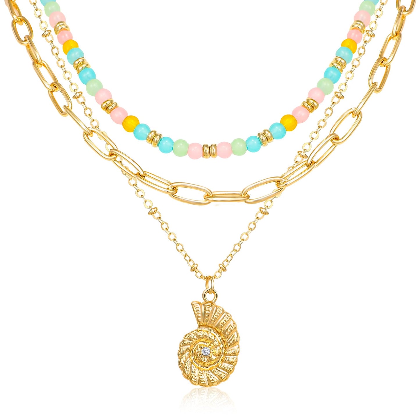 Multilayered Beaded Shell Necklace for Women, Bohemian Colorful Glass Beads Choker 3D Conch Sea Shell Pendant Necklace Textured Seashell Adjustable Gold Chain Boho Summer Beach Ocean Jewelry Gift