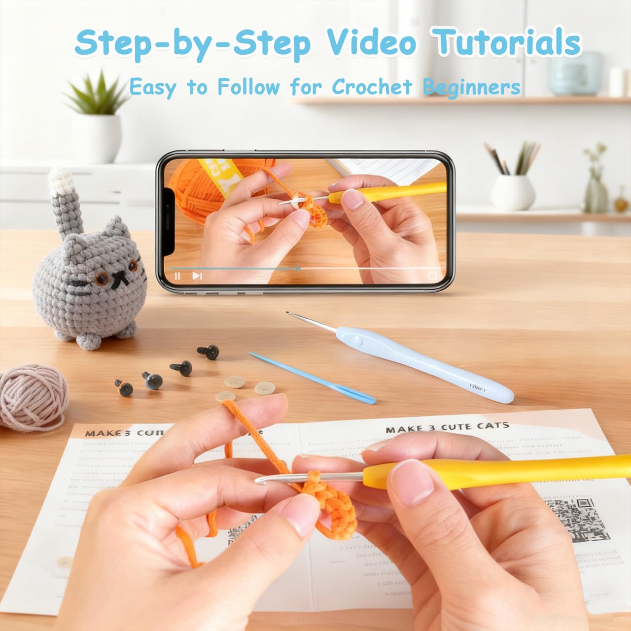 Crochet Kit for Beginners with Step by Step Manual & Video Guides, Amigurumi Crochet Kits for Starters Knitting, Beginner Crochet Animals for Adults Teens with Safety Eyes, Hooks, Easy Yarn, Needles