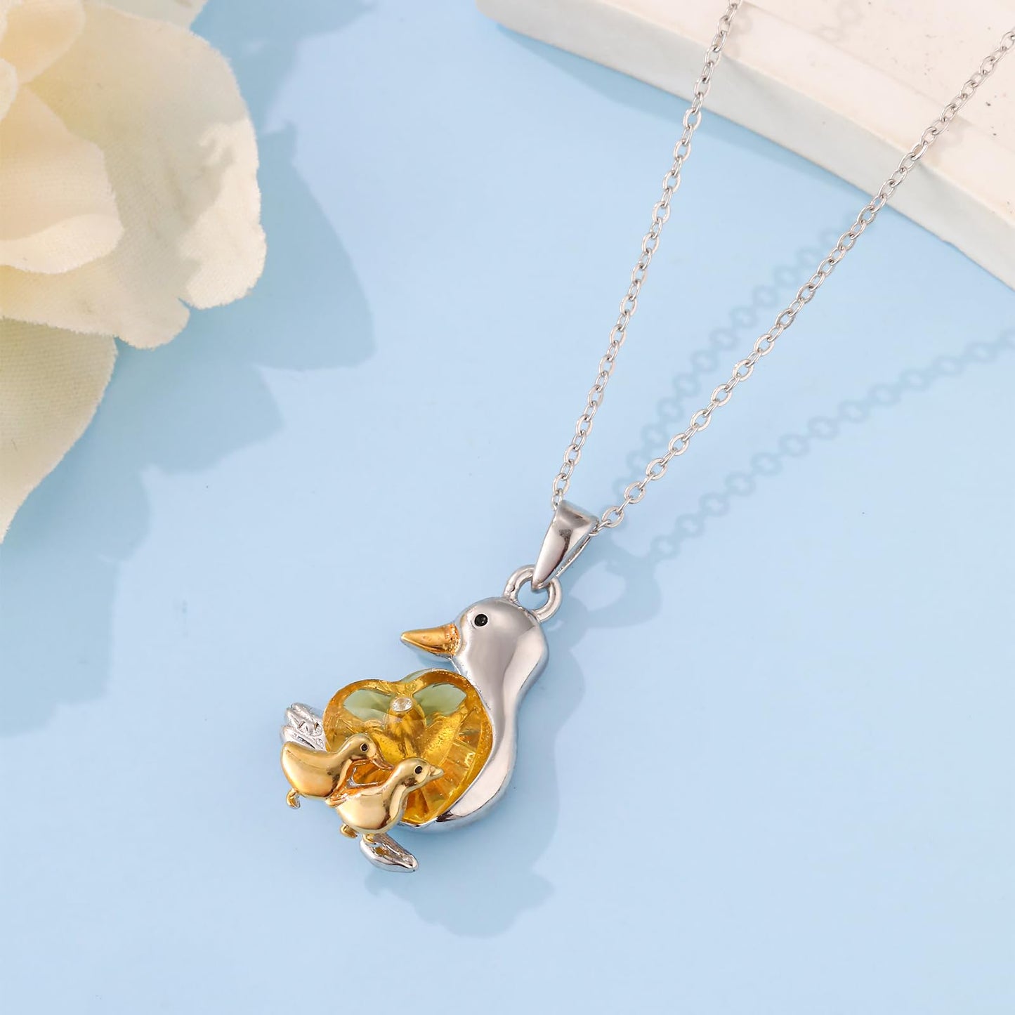 AENEAS Valentines Day Gifts for Women Her Mama Duck Necklace for Women 925 Sterling Silver Mother Duck Citrine Pendant Necklace Cute Animal Jewelry Gifts for Mom