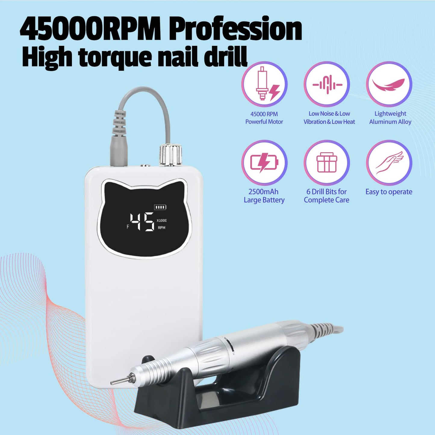 Professional Nail Drill File 45000RPM Electric Portable Nails Drills Kit with Rechargeable 7 uñas Bits Cordless Efile for Poly Gel Acrylic Nails Remover Home Salon Pedicure Manicure Tool (White)
