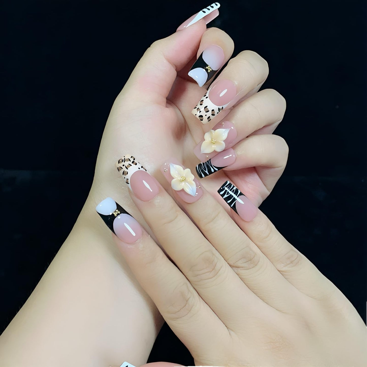 Handmade Press On Nails 3D Floral & Animal Print Medium/Short Square Leopard/Zebra/Yellow Floral Thick Reusable Acrylic False Nails (Prairie, S)
