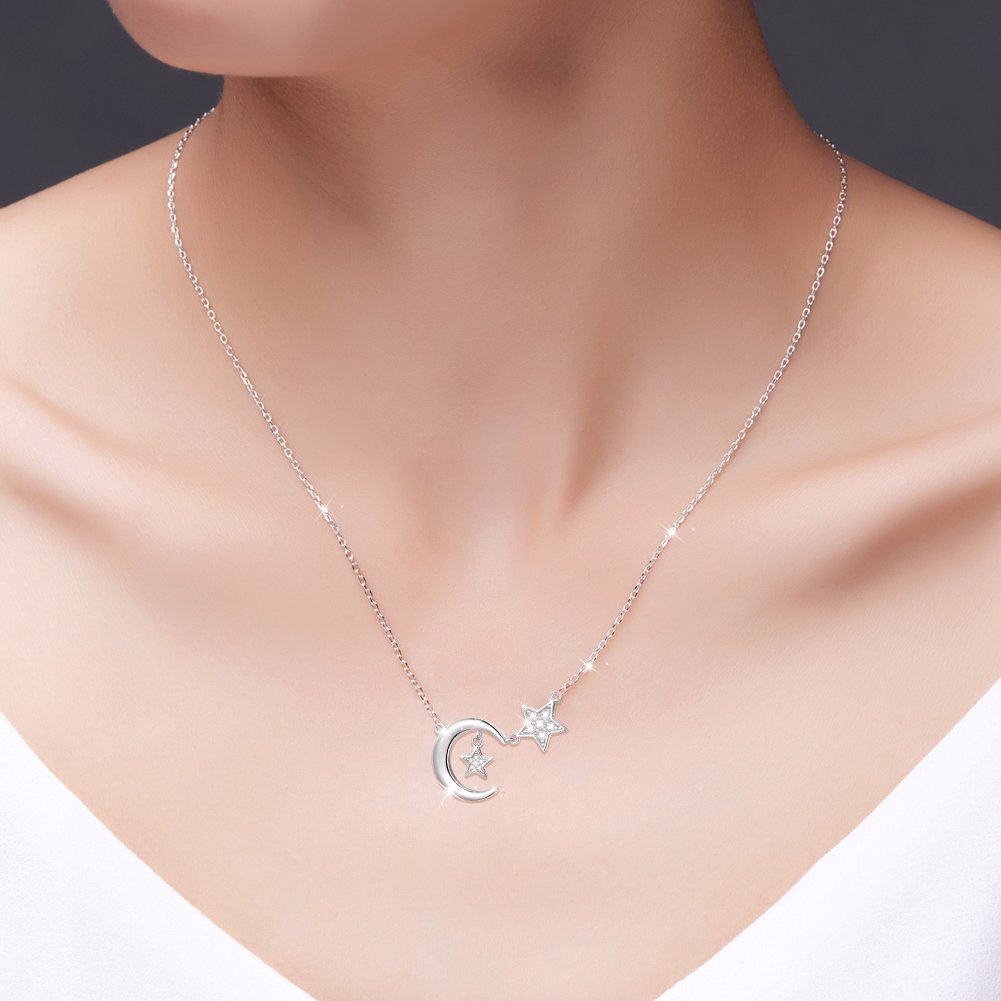 Ladytree S925 Sterling Silver Bling CZ Crescent Moon Star Jewelry Pendant Necklace,Rolo Chain,18+2"