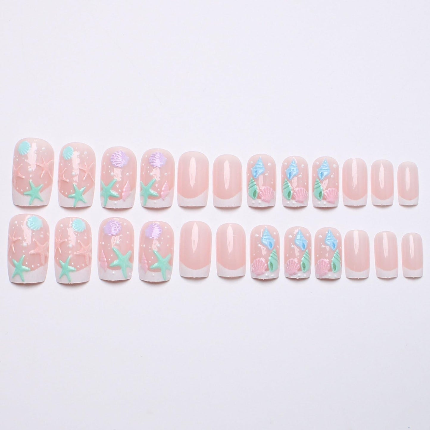 French Tip Press on Nails Summer Fake Nails Spring Medium Square False Nails with Shell Conch Starfish Bubbles Design Sea Beach Artificial Nails Full Cover Glossy Stick on Nails for Women Manicure