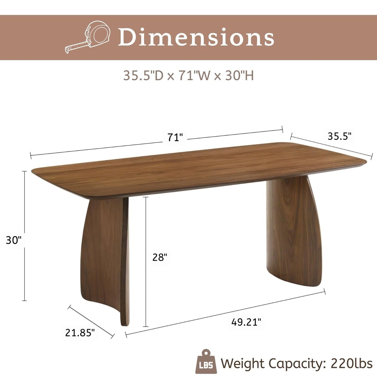 LukeAlon Modern Wooden Dining Table for 6 to 8 People, 71" Large Kitchen Dining Table with Wood Pedestal Base Mid Century Walnut Rectangular Long Dinner Table for Home Dining Room Restaurant, Brown