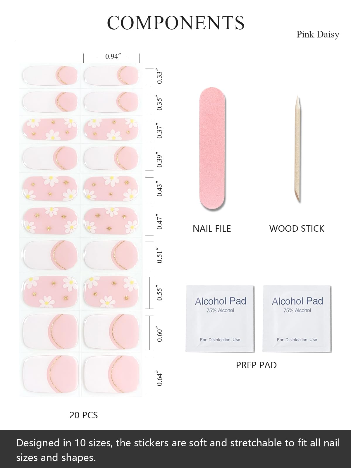 AutyaMee Semi Cured Gel Nail Strips (Pink Daisy), French, 20 Pcs Gel Nail Wraps, Stickers, UV Light Required, Salon Quality, Long Lasting