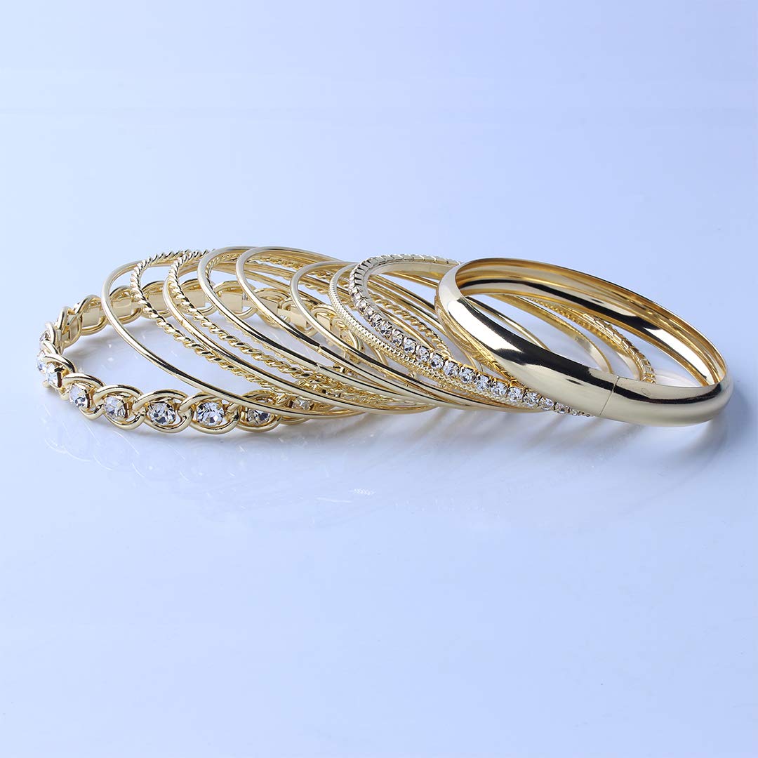 Ensoul Shiny Gold Color Twisted Multiple Metal Bracelets & Bangles Set For Women 12Pcs/Set W/Clear Rhinestones