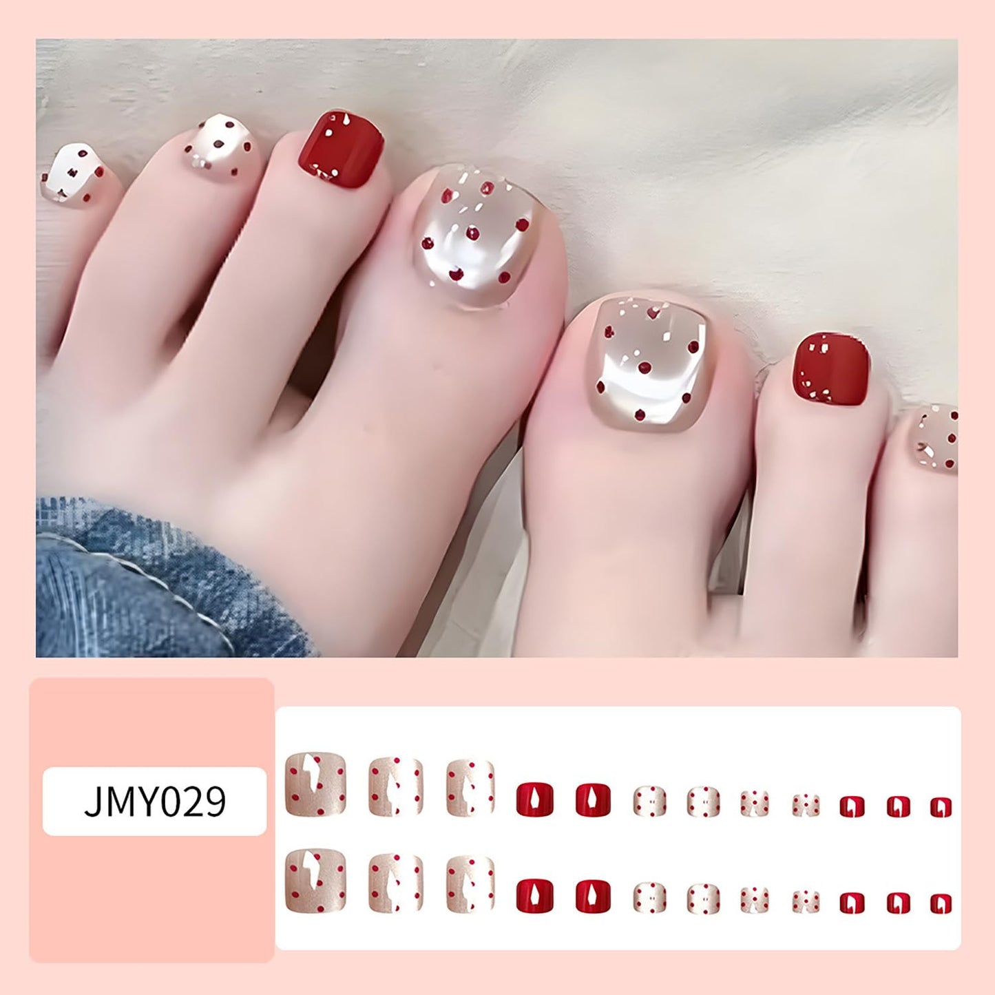 FIEONCIY 24pcs Press-on Square Acrylic False Nails Set with Glue, Red Spot Pattern, French Style, Spring & Summer Theme, Full Cover Nails, Multicolor, Women's Manicure Decorations