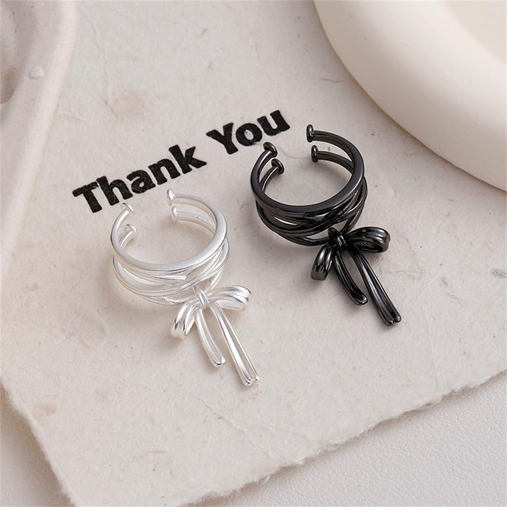 Dainty Bow Ribbon Open Ring for Women, Charm Adjustable Stackable Band Statement Jewelry Black