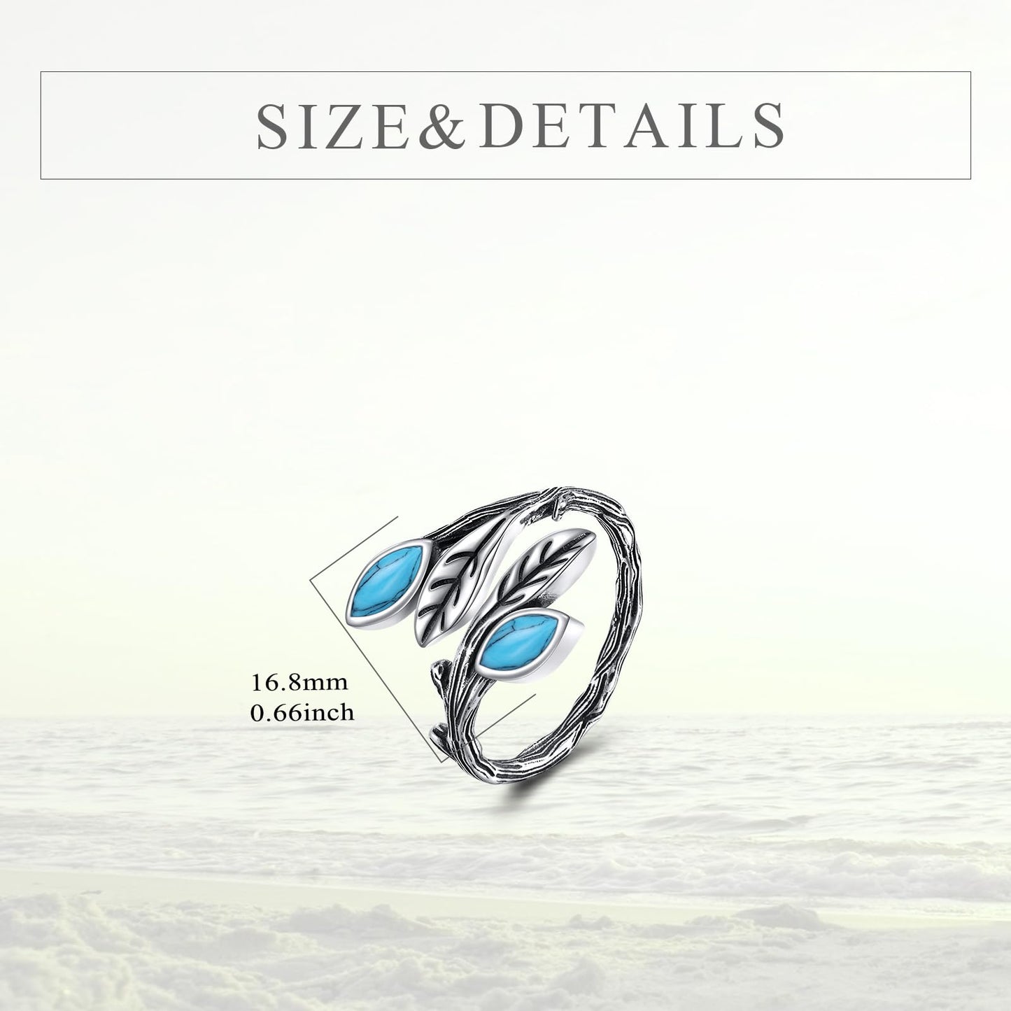 POPLYKE Leaf Turquoise Ring Sterling Silver Boho Adjustable Open Ring Spoon Ring Vintage Thumb Rings for Women