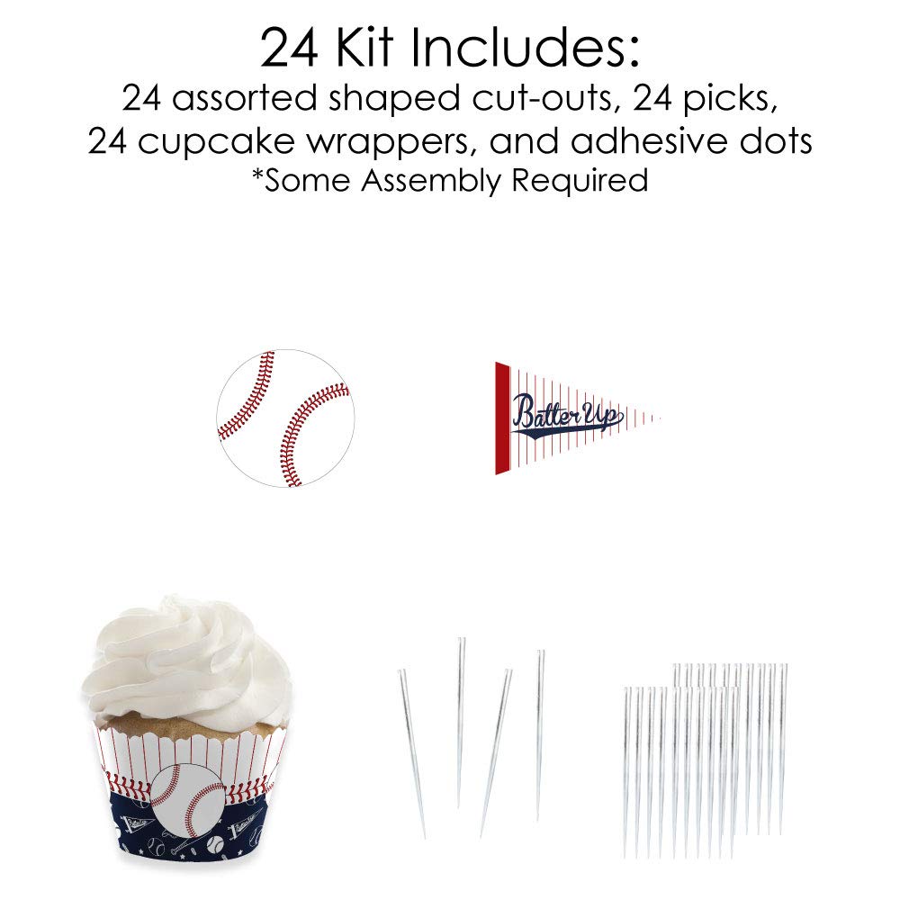 Big Dot of Happiness Batter Up - Baseball - Cupcake Decoration - Baby Shower or Birthday Party Wrappers and Treat Picks Kit - Set of 24