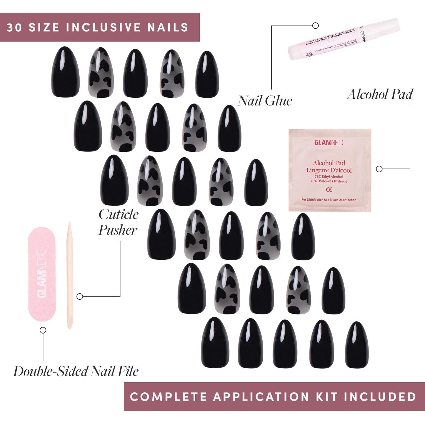 Glamnetic Press On Nails - Love Me Not | Opaque, Semi-transparent, Glossy Black Heart Fake Nails, Salon Quality | 15 Sizes - 30 Nail Kit with Glue