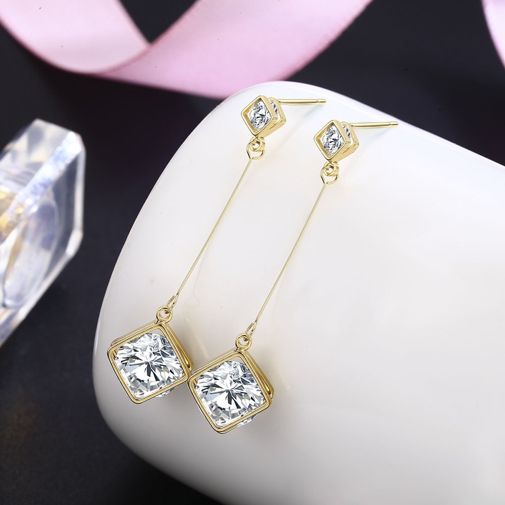 SBLING Cubic Zirconia Wedding Earrings for Brides Bridesmaids, Bridal Dangle Earrings, Cube Crystal Drop Earrings for Women Jewelry Gifts