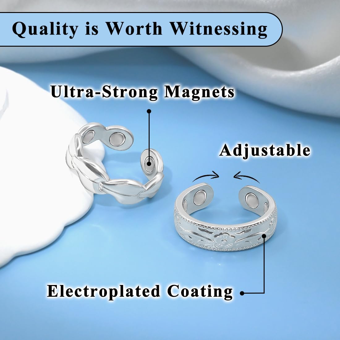 Vicmag Copper Magnetic Ring for Women, Magnetic Rings Ladies Fingers Thumb 100% Solid Pure Copper Jewelry Gift Adjustable (Leave+Folwer Silver)
