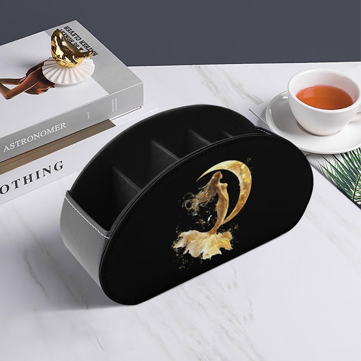 Golden Color Mermaid Moon Remote Control Holder with 5 Compartments Caddy Desktop Organizer for Home Office