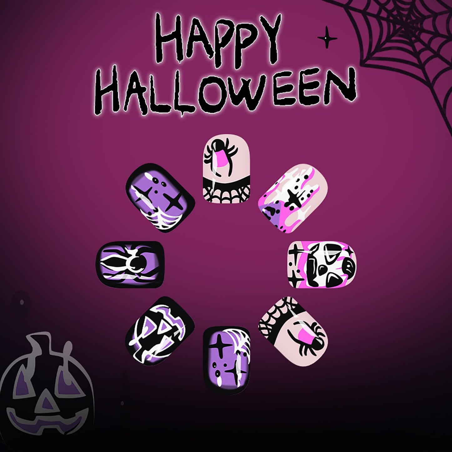 CJDLTS 24Pcs Halloween Press on Nails Short Square Spider Pumpkin False Nail Acrylic Artificial Fingernails Heart Spider Web Flame Design Full Cover Glossy Festival Stick on Nails for Women Supplies