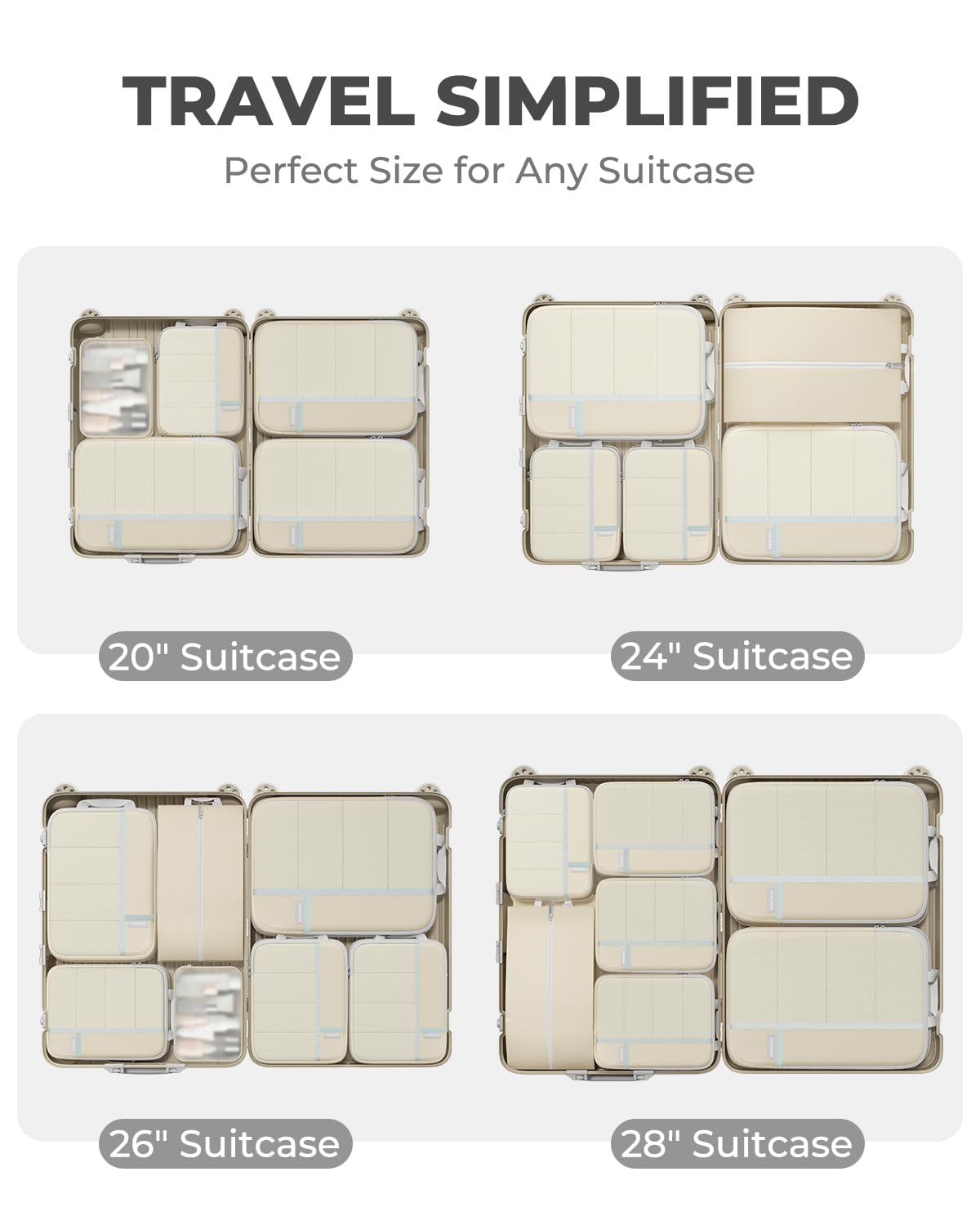 Percover Compression Packing Cubes 8-Piece Set, Packing Cubes Compression for Travel with Laundry Bag & Shoe Bag, Travel Organizer for Carry On & Checked Luggage, Beige