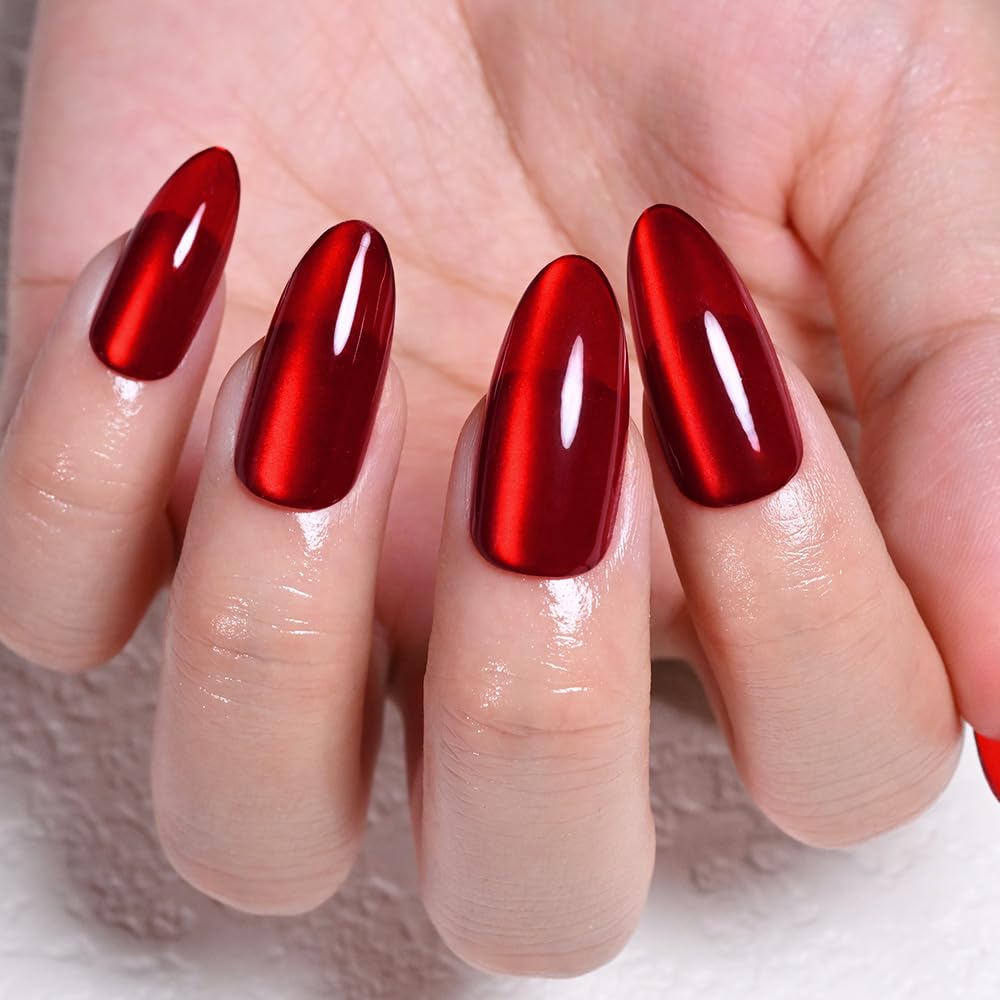 evpct True Red Cat Eye Chrome Press on Nails Almond Medium No Glue, Red Holographic Medium Almond Stick on Fake Nails for Women Gift, Glossy Cat Eye Effect, Perfectly Fit Salon-quality Soft False Nail