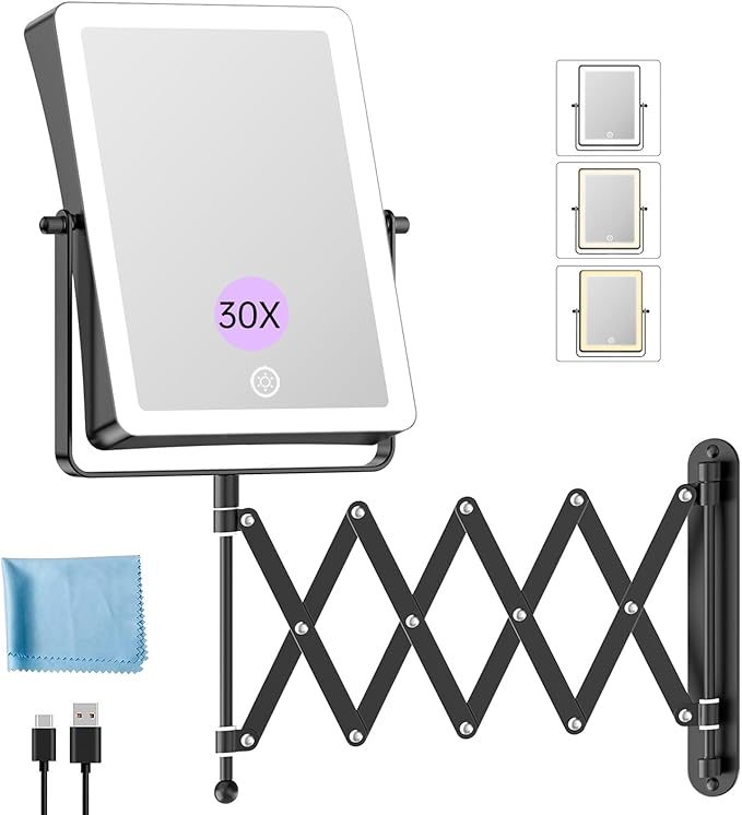 FASCINATE Rechargeable Wall Mounted Makeup Mirror with Lights, 8.7 Inch Double Sided Touch Switch 1X 30X Magnifying Bathroom Mirror, 3 Color Lights Touch Dimmable Extended Arm 360°Rotation (Black)