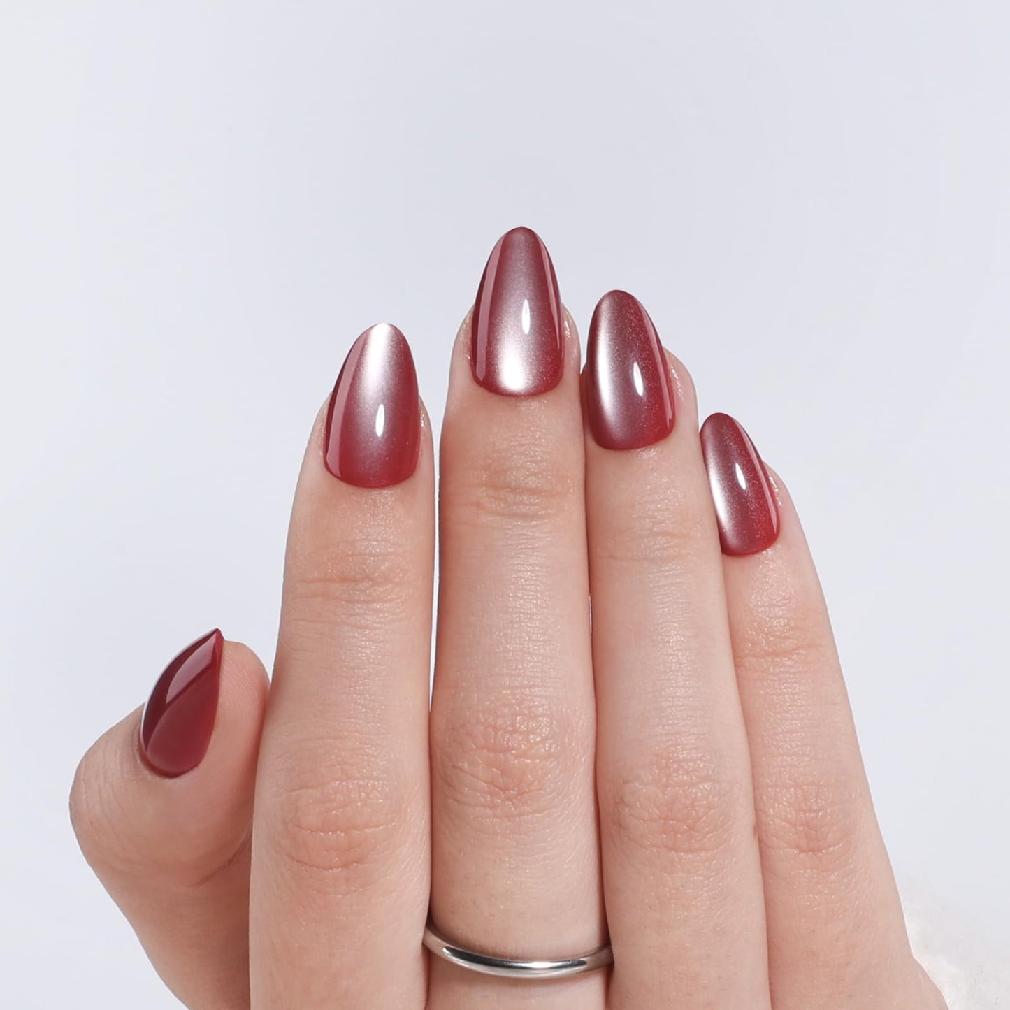 Red Cat Eye Press on Nails Short Almond - Wine Red Press on Nails, Reusable Glossy Nails Press ons for Women, Fake Nails Kit with Glue, 32 Pieces in 16 Sizes