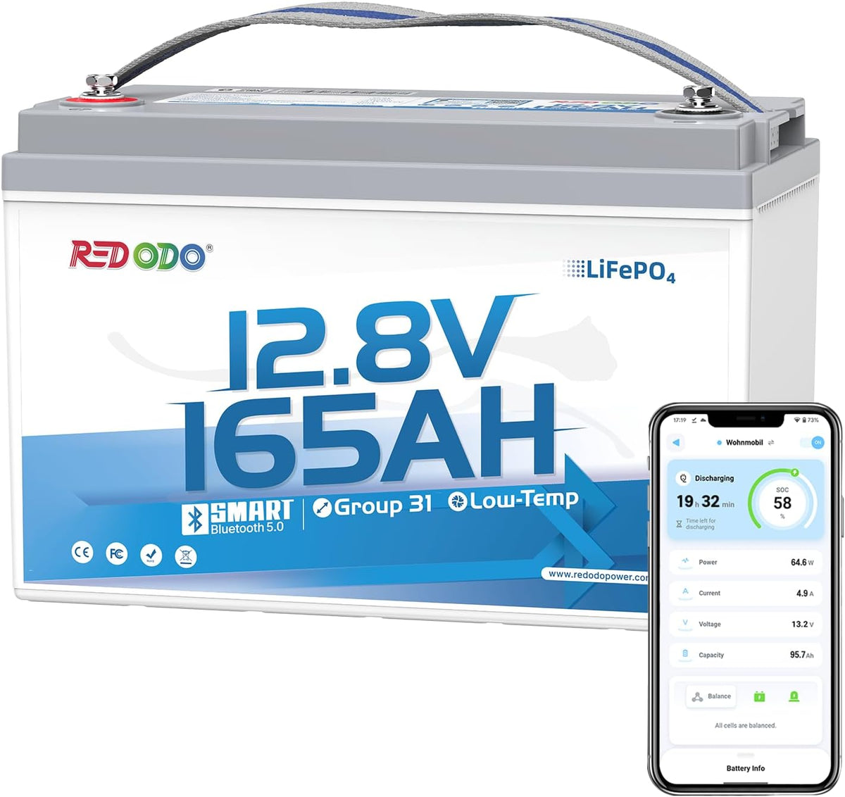 Redodo Group 31 Bluetooth LiFePO4 Battery 12V 165Ah, 2112Wh Max. Energy, 165A BMS with Low Temp Protection, Perfect for RV, Marine, Solar