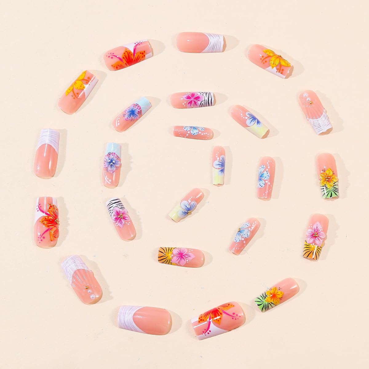 plalely Press on Nails French Tip, Handmade Acrylic Press on French Tip Nails with Flower Designs，Long Square Nail Press Ons for Women 24pcs
