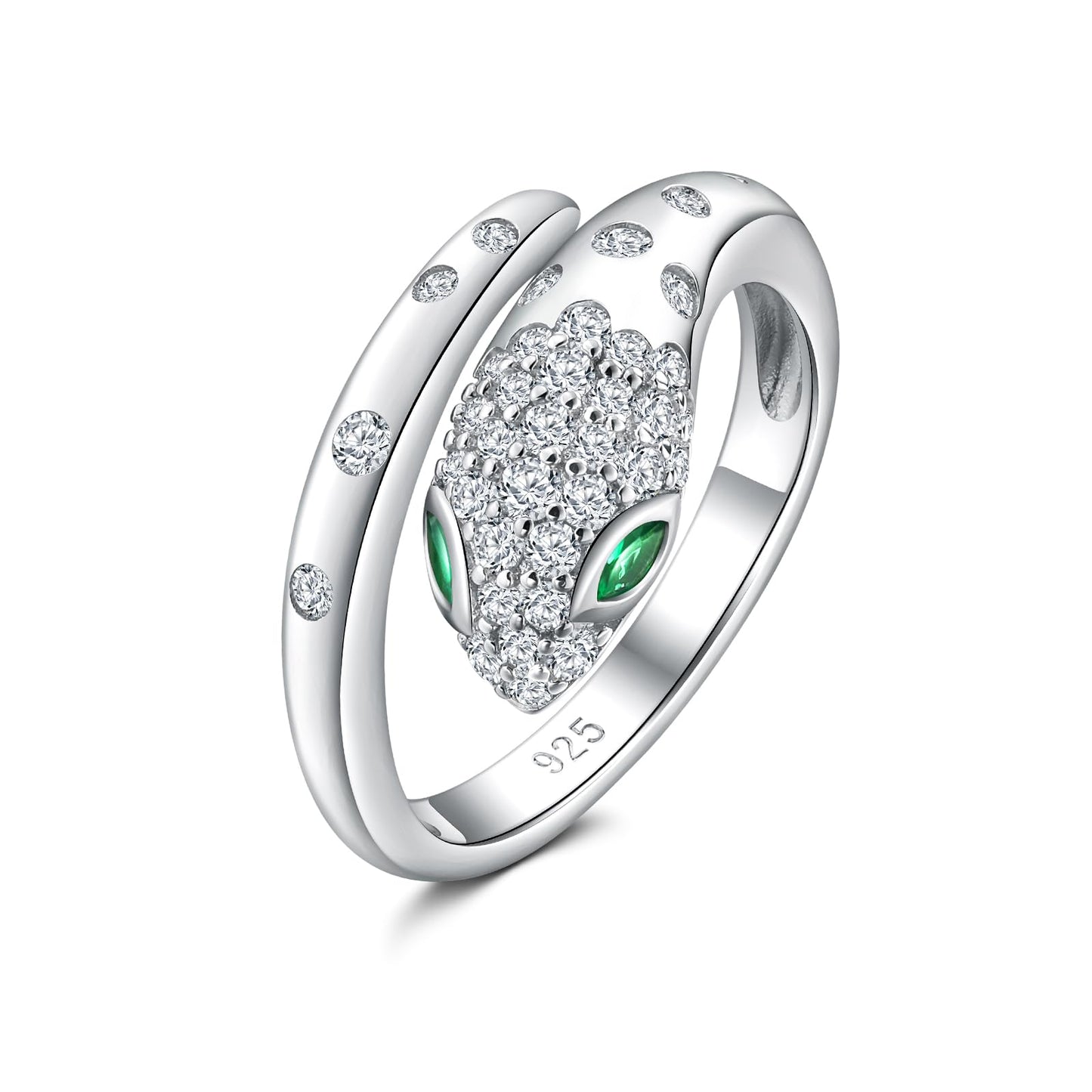 RANDES Fashion Snake Statement Ring 925 Sterling Silver Cocktail Punk Jewelry Adjustable Created Diamond Emerald Green Stone Snake Rings Size 6