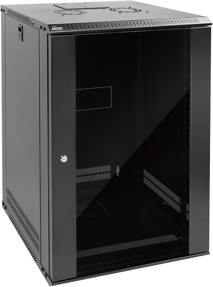 Tecmojo 18U Wall Mount Rack Network Cabinet for 19" IT Equipment,with Lockable Glass Door and Side Panels,Cooling Fan,Black,17.7inch Depth for AV/Computer/Electronics Equipment Data Rack