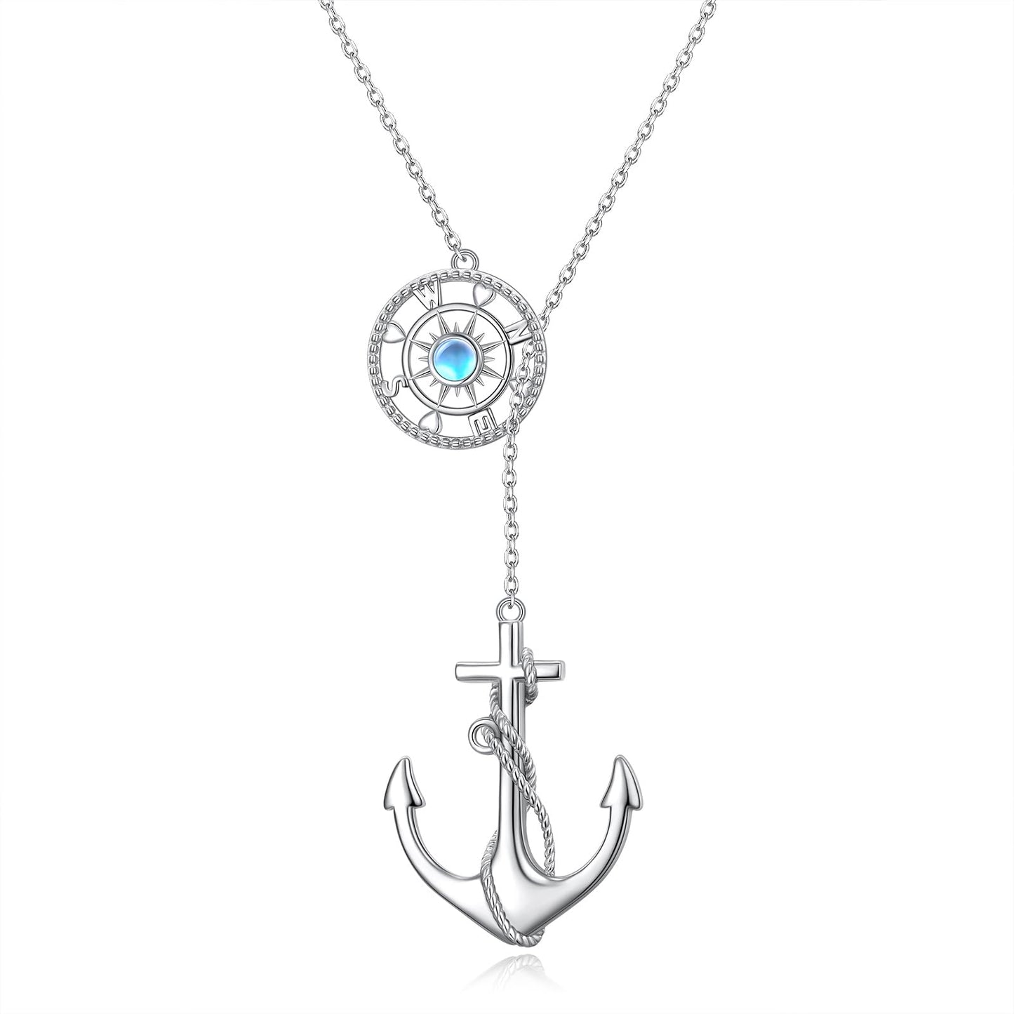 Anchor Necklace for Women 925 Sterling Silver Anchor Pendant Necklace with Moonstone Anchor Jewelry Y Shaped Lariat Style Necklace Polished Nautical Anchor Rope Fine Jewelry 30 inch for Love One