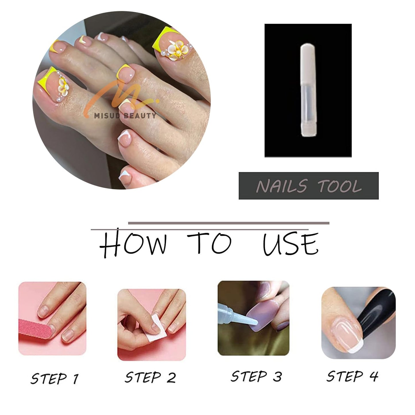 MISUD Press on Toenails - Fake Toe Nails with Flower, Acrylic Toenail Yellow French Tip Design 24 pcs
