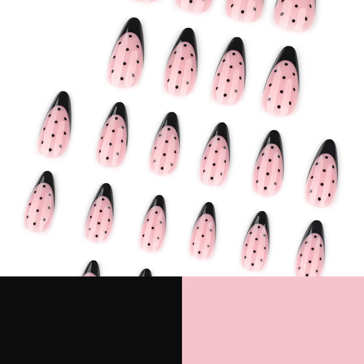 Black French Tip Press on Nails Almond - Medium Fake Nails with Spot Design - Glossy Full Cover Stick on False Nails - for Women 24 Pcs