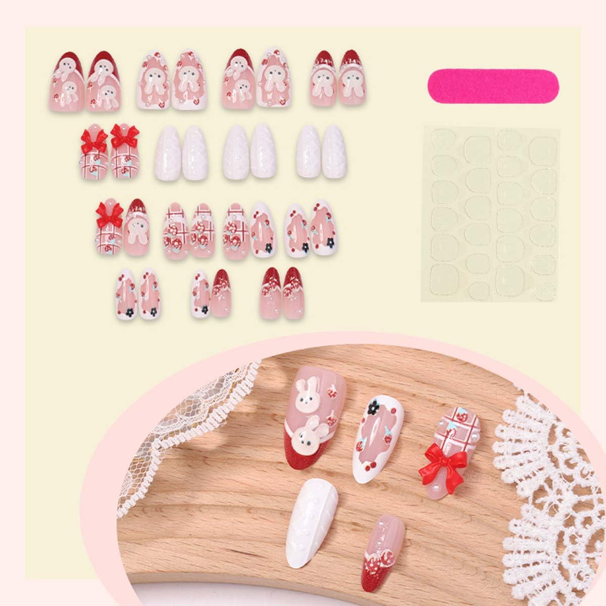 LINMEIZAI 30 Pcs Cute Press on Nails Short Almond Pink Fake Nails Press ons Nail Tips Glossy Stick on Nails Acrylic Nail Kit with Spring 3D Bunny & Strawberry Design False Nails Nail Art for Women