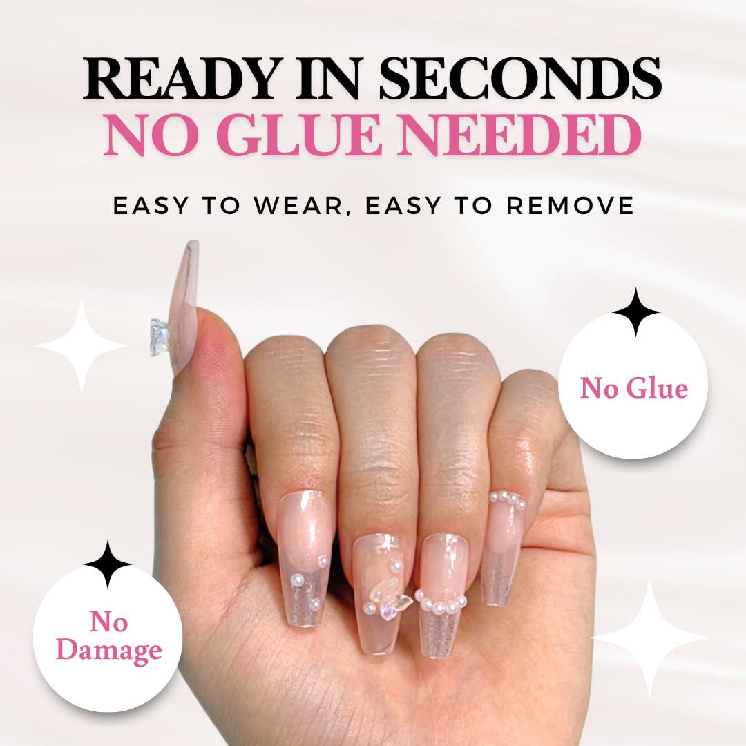 PerfectLook Press On Nails - Pearl Bloom | No Glue One-Day Nude Marble Coffin Fake Nails With Glitter & Butterfly Charms - 24 Pcs Nail Kit With Adhesive Tabs