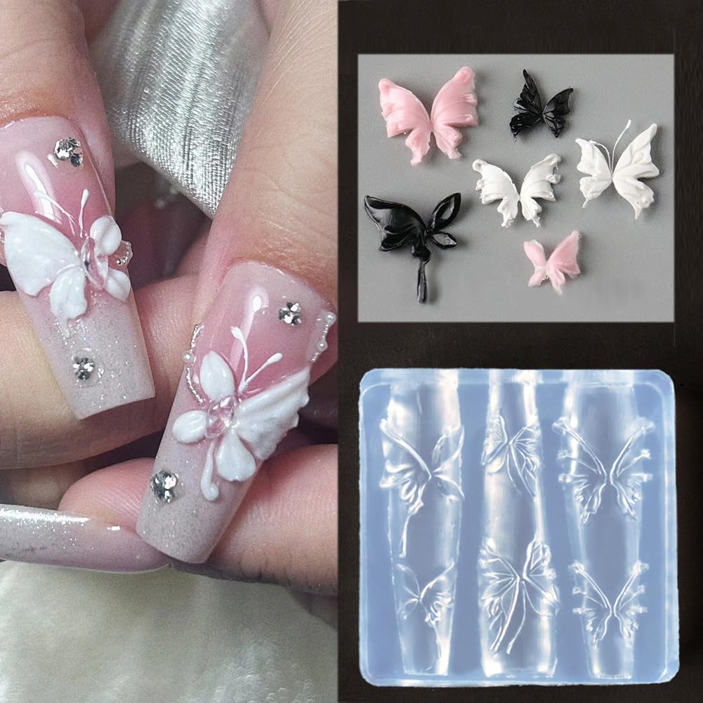 4pcs Silicone Nail Art Molds 3D Multiple Shapes Flowers Ribbon Lace Bows Bunny Butterfly Charm Molds with Carving Pen Clear Modeling Templates Manicure Tools for DIY Salon Nail Design