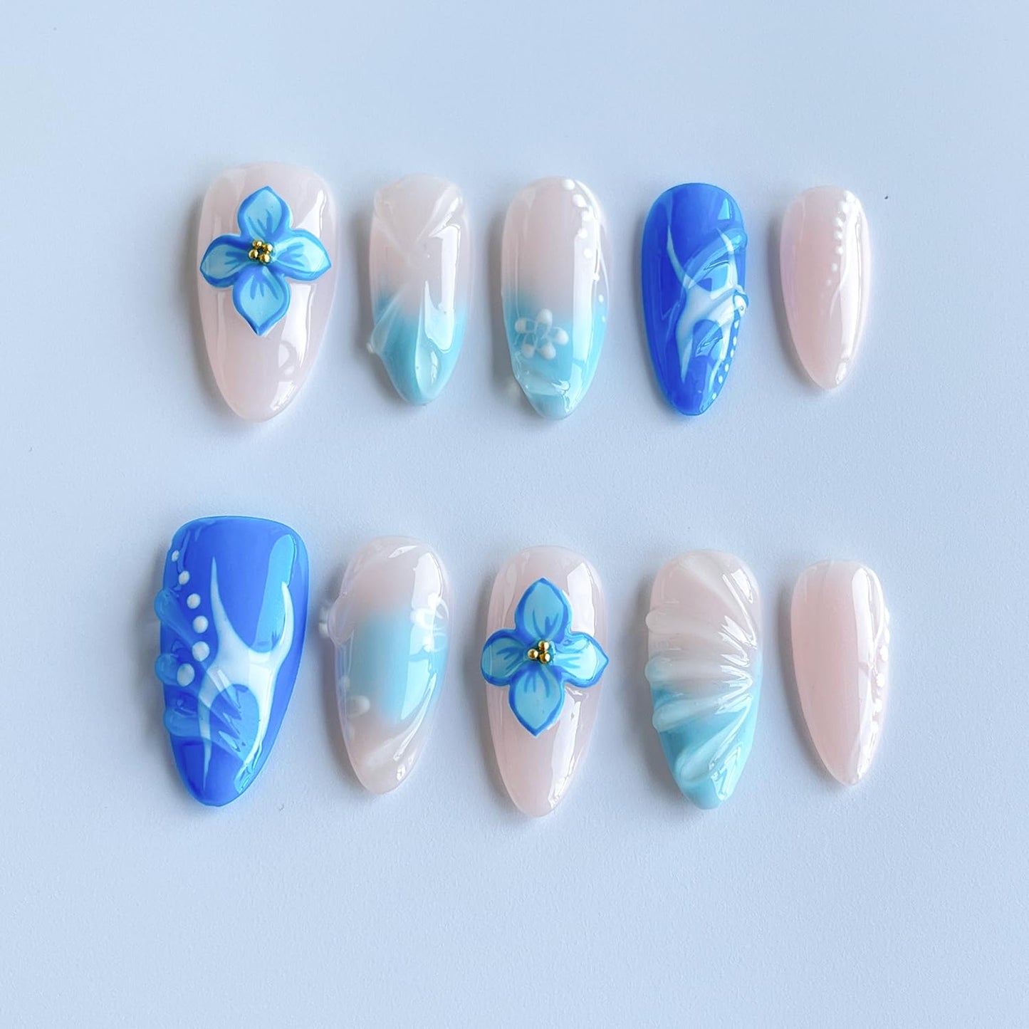 Luxury Press on Nails Medium Almond Handmade 3D Unique Reusable ABS Material Fake Nails Blue False Nails with Designs Blue White Flower Art Petal Glossy Thick Acrylic Nails(S)