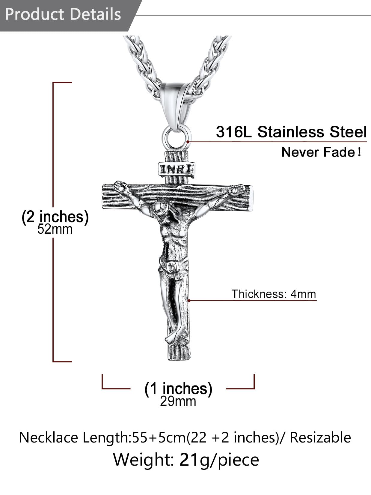 U7 Crucifix Cross Necklace Stainless Steel Crucifix Necklace Cross Pendant for Men with Rope Chain 24"(Silver)