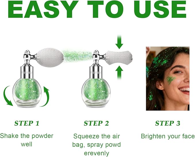 Highlighter Powder Spray, Longwear Glitter Spray for Body, Face, Hair, Shimmer Powder High Gloss Loose Powder Makeup Mist for Festive Party, Stage Shows, Nightclubs, Bar(Green)