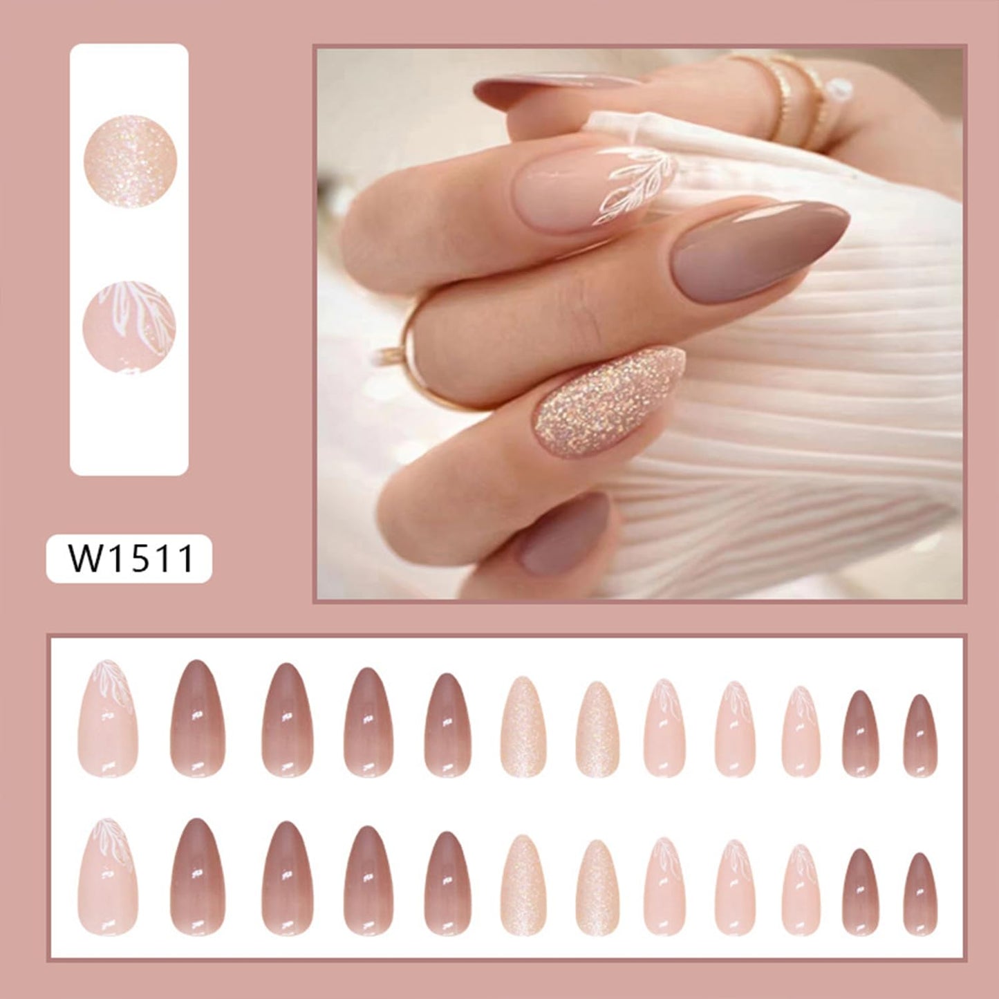 Tyuimhx 24Pcs Medium Almond Press on Nails Nude Fake Nail With Leaf Designs Glitter False Nails Glossy Full Cover Stick on Nails Acrylic Reusable Artificial Glue on Nail for Women