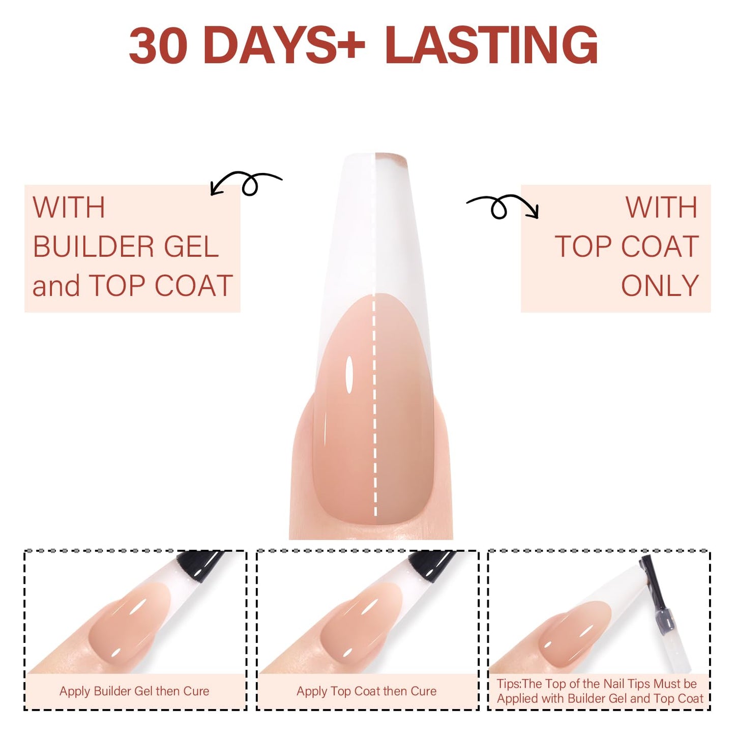 AILLSA French Gel Nail Tips, 180 Pcs French Tip Press On Nails Long Coffin Brown, Pre-Applied Primer & Base Coat, No Need File, Soft Nail Tips, Fake Nails for Nail Art DIY 15 Sizes