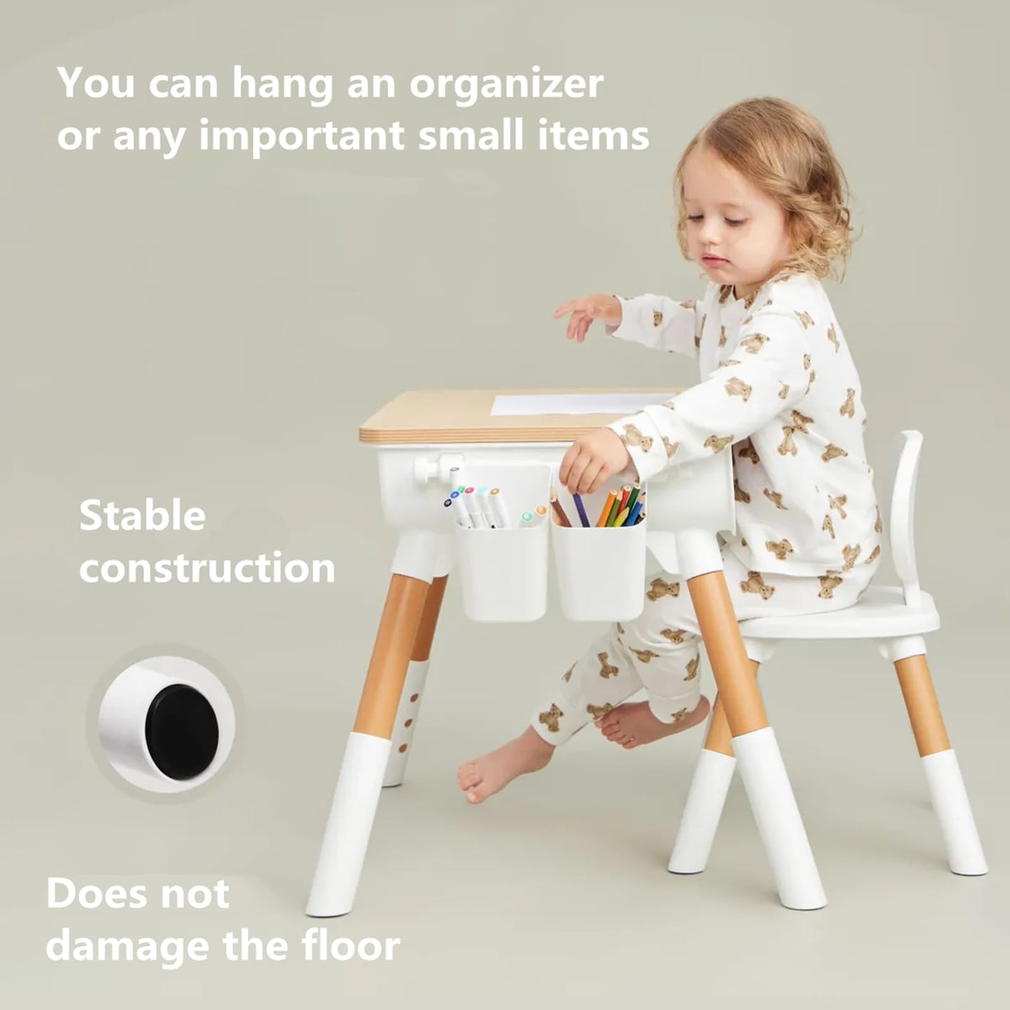 Tonlevo Toddler Desk & Chair Set - Adjustable Height Kids Table with Storage, Solid Wood Legs, Ergonomic for Arts & Crafts, Learning, Snacks & Play (Ages 1-8) - Tool-Free Assembly, White/Natural Wood
