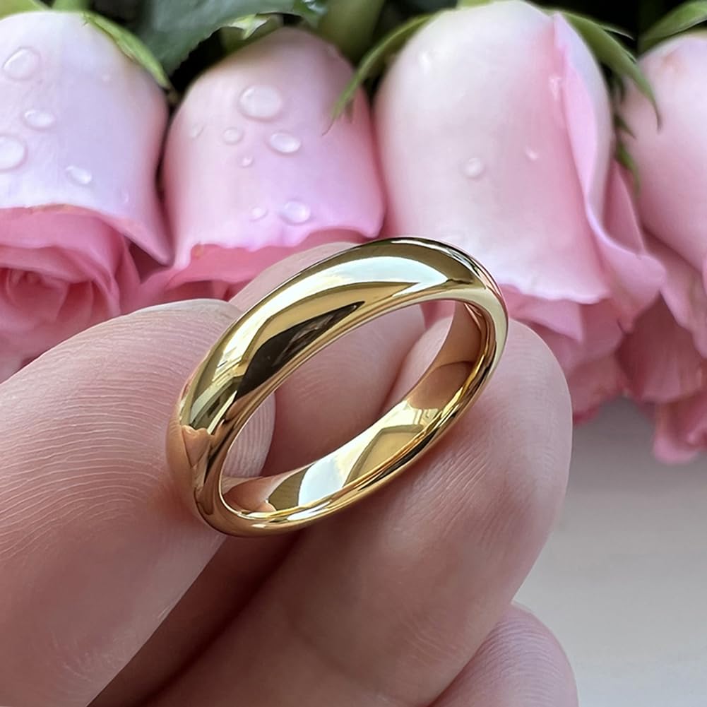 TUTISS 4mm Gold Tungsten Rings for Women Men Engagement Wedding Bands Domed Polished Comfort Fit Size 9