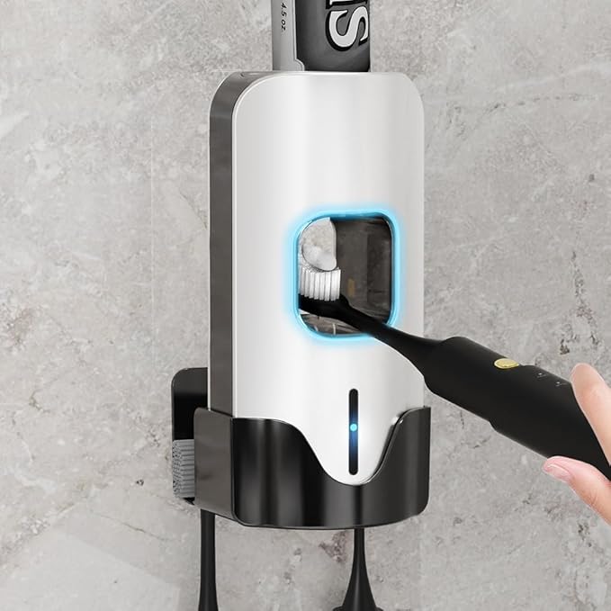 Automatic Toothpaste Dispenser Wall Mounted - Hands-Free Toothpaste Squeezer with 3 Speed Settings, 2 Toothbrush Holders & Strong Adhesive - Smart Bathroom Organizer for Kids and Adults