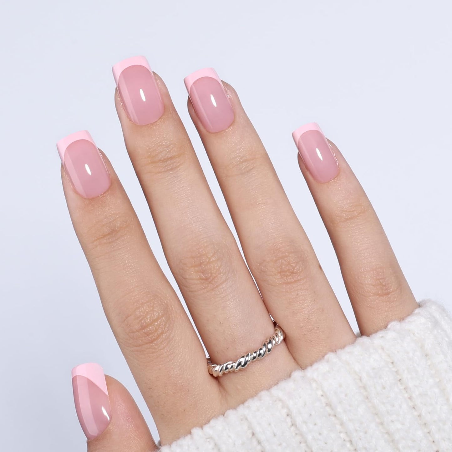 Leefrei Pink French Tip Press On Nails Short Square - Fake Nails Press ons, Reusable Glue On Nails for Women, 16 Sizes 32 Pieces Nail Kit with Glue, Soft Pink French