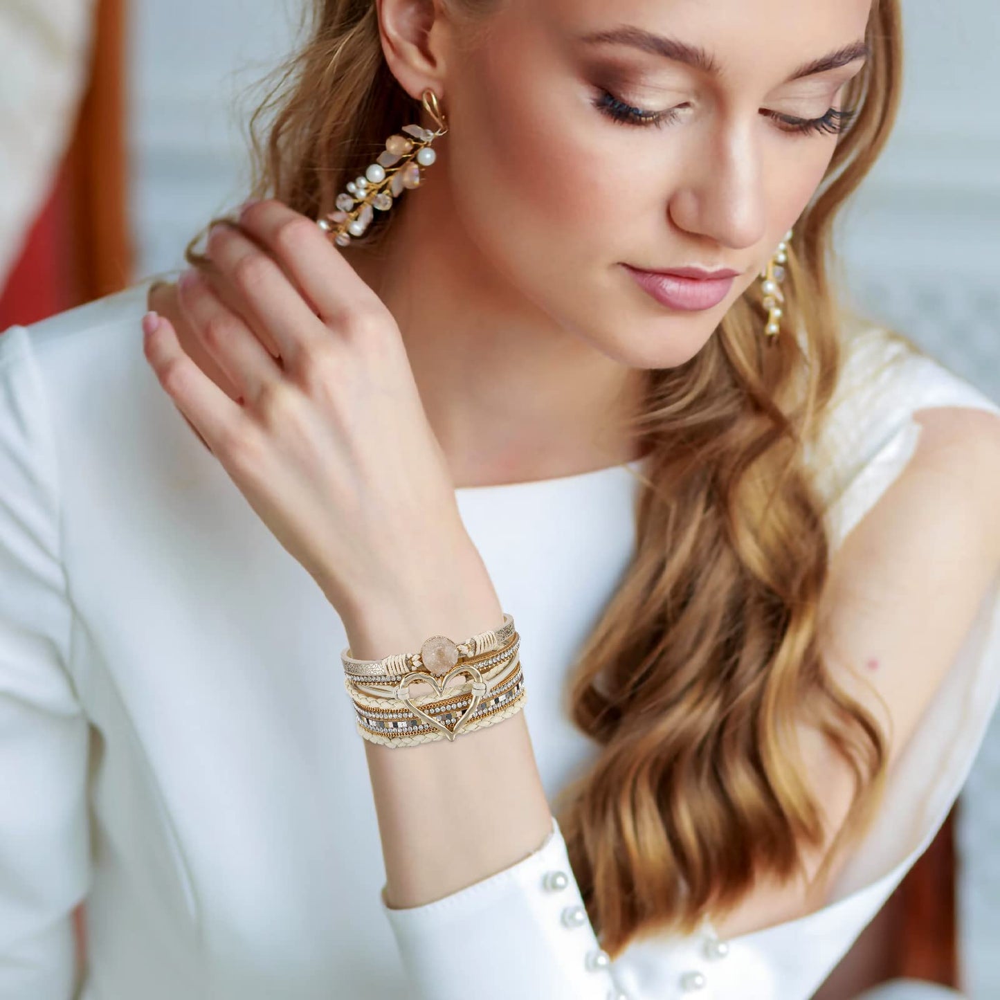 Leopard Bracelet for Women, Boho Leather Wrap Multi-Layer Pearl Crystal Bracelet Bangle Jewelry (Heart Leather(Khaki))